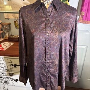 Lauren Ralph Lauren 100% Cotton Floral Paisley Print Button Up Blouse sz L